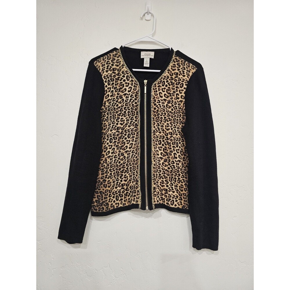 Chicos Women's 30 Years Cheetah Leopard Gold Zip Cardigan Sweater Chain Size 1